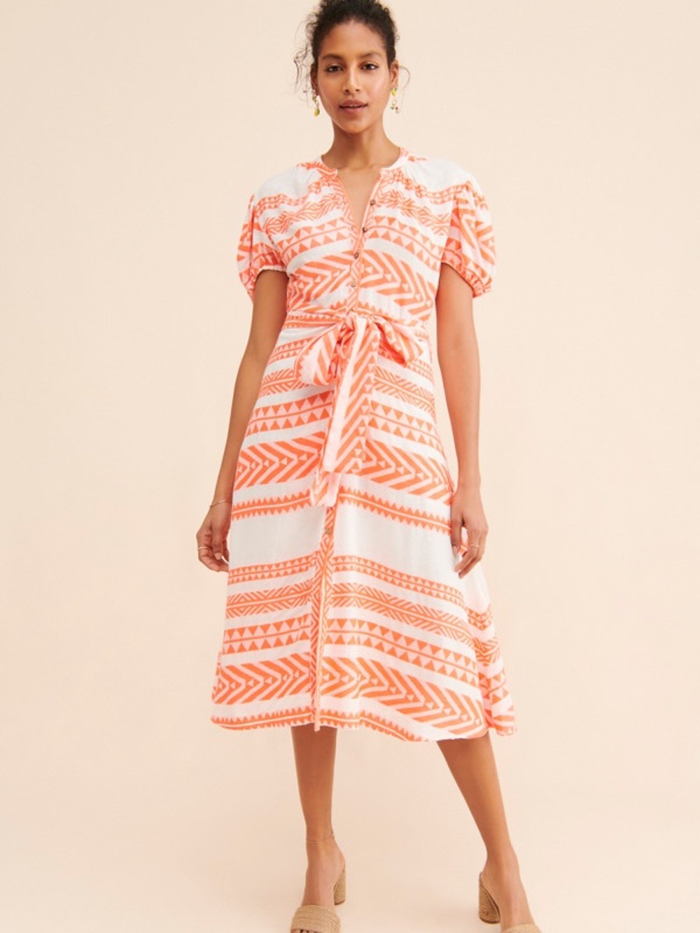 Women's neon pink and White Patterned Tie-Waist Midi Dress